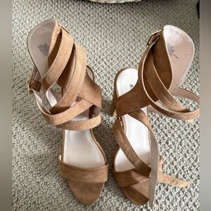 JustFab Strappy Suede Heels in Tan